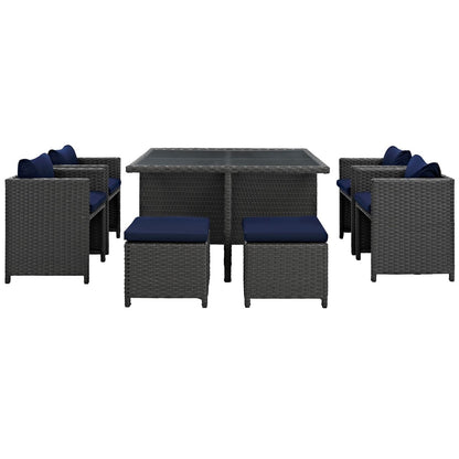 Sojourn Nine PCS Outdoor Patio Sunbrella Dining Set, Navy, Rattan 9937