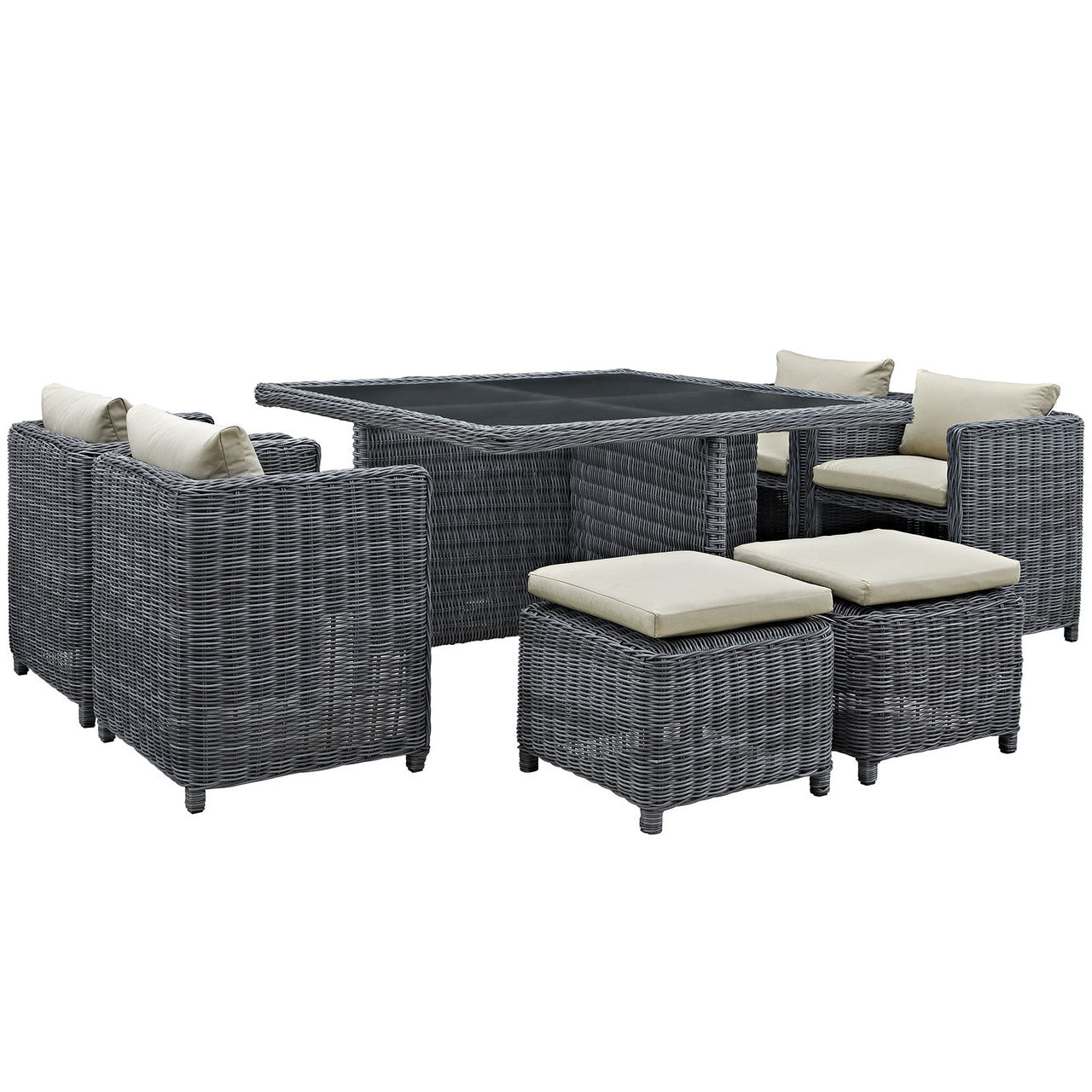 Summon Nine PCS Outdoor Patio Dining Set, Beige, Fabric, Synthetic Rattan