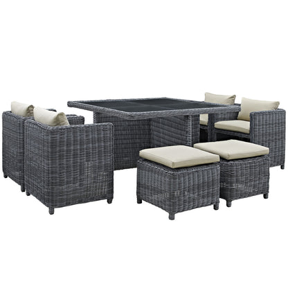 Summon Nine PCS Outdoor Patio Dining Set, Beige, Fabric, Synthetic Rattan