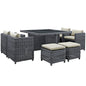 Summon Nine PCS Outdoor Patio Dining Set, Beige, Fabric, Synthetic Rattan