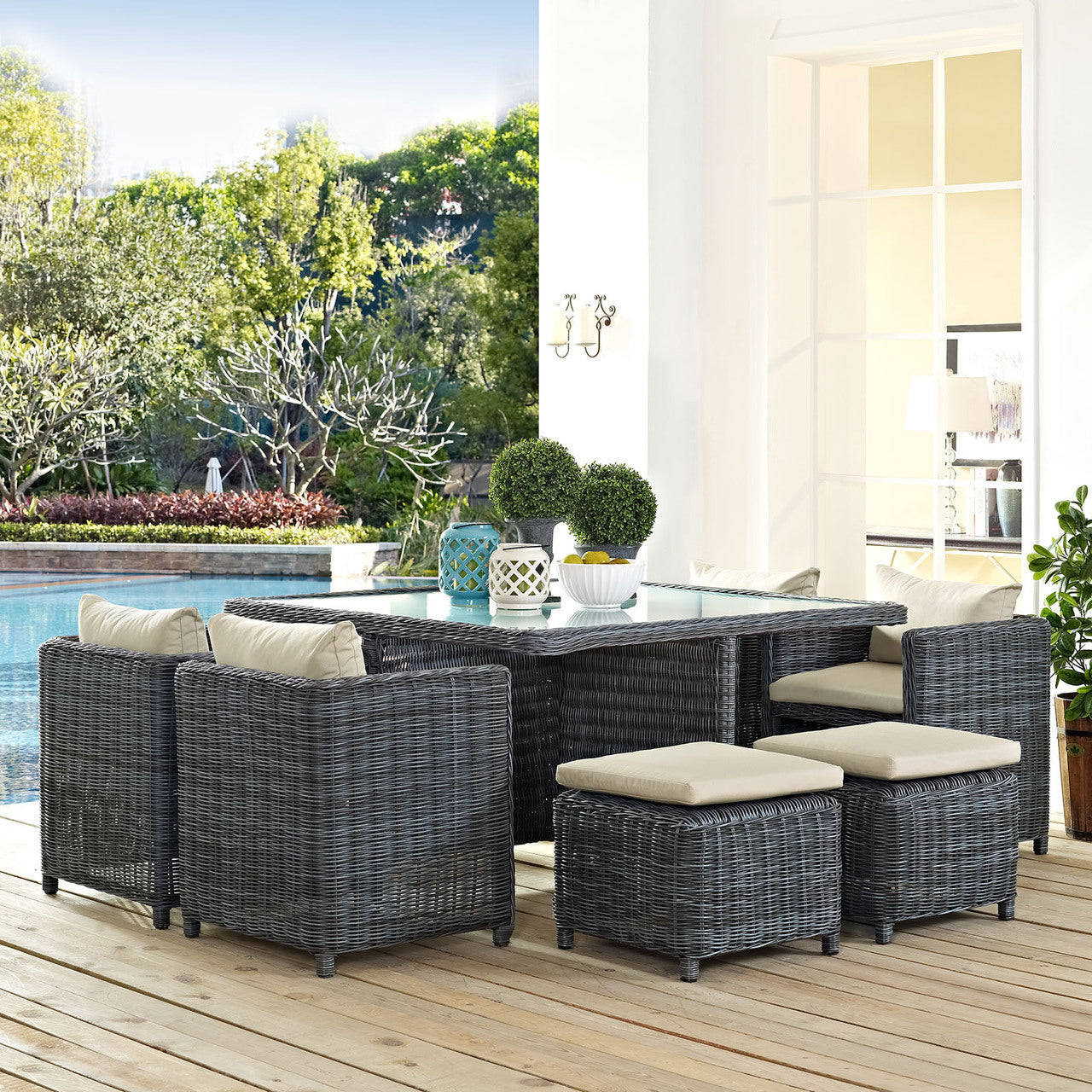 Summon Nine PCS Outdoor Patio Dining Set, Beige, Fabric, Synthetic Rattan