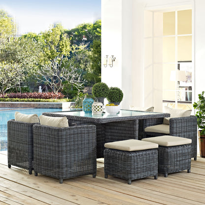 Summon Nine PCS Outdoor Patio Dining Set, Beige, Fabric, Synthetic Rattan