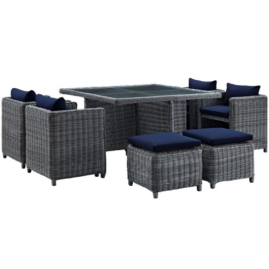 Summon Nine PCS Outdoor Patio Sunbrella Dining Set, Navy, Rattan 9939