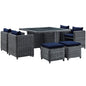 Summon Nine PCS Outdoor Patio Sunbrella Dining Set, Navy, Rattan 9939