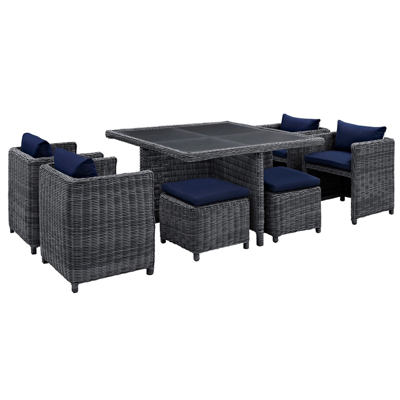 Summon Nine PCS Outdoor Patio Sunbrella Dining Set, Navy, Rattan 9939