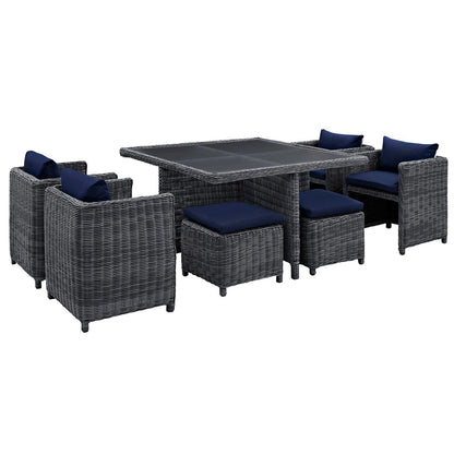 Summon Nine PCS Outdoor Patio Sunbrella Dining Set, Navy, Rattan 9939