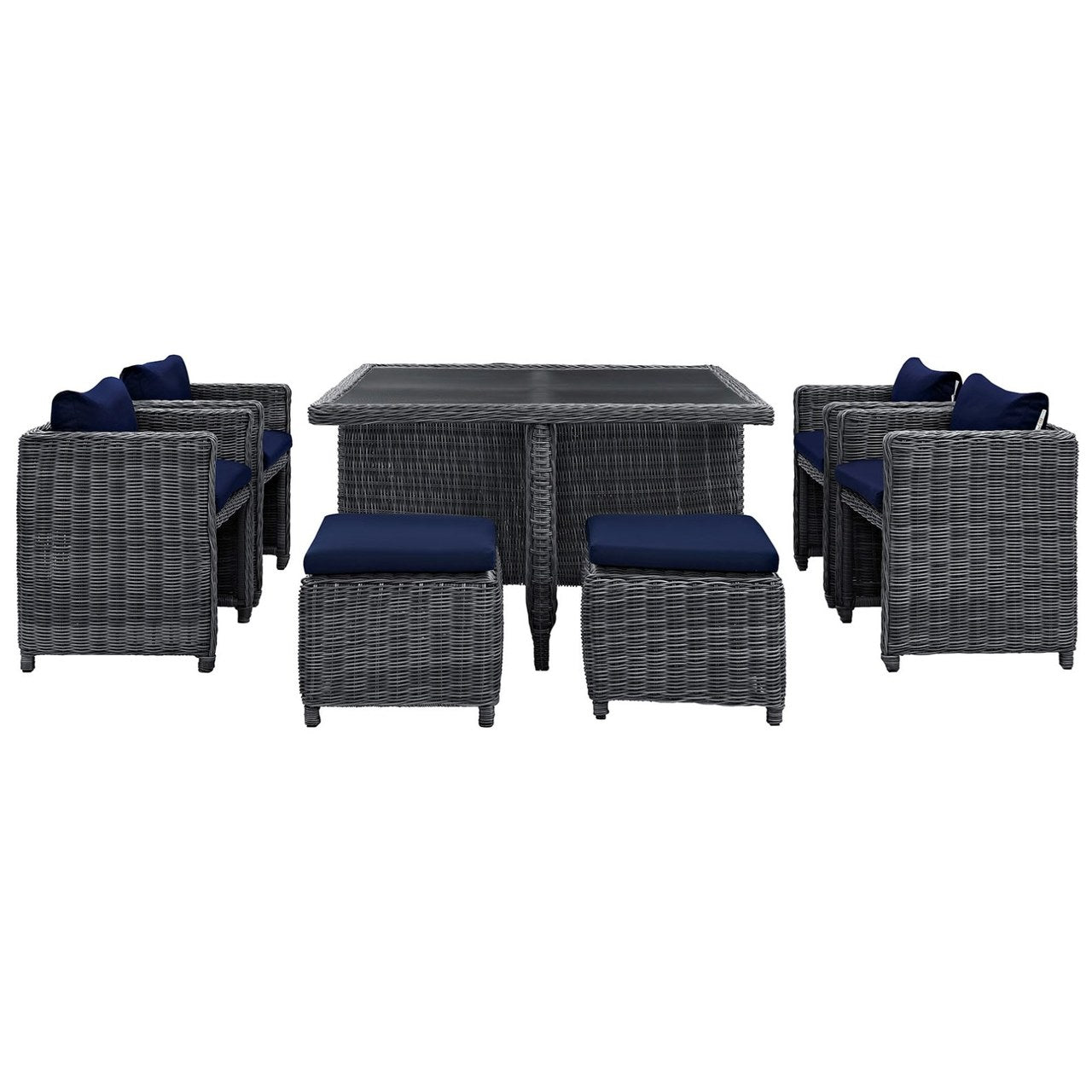 Summon Nine PCS Outdoor Patio Sunbrella Dining Set, Navy, Rattan 9939
