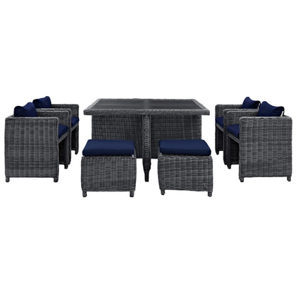 Summon Nine PCS Outdoor Patio Sunbrella Dining Set, Navy, Rattan 9939
