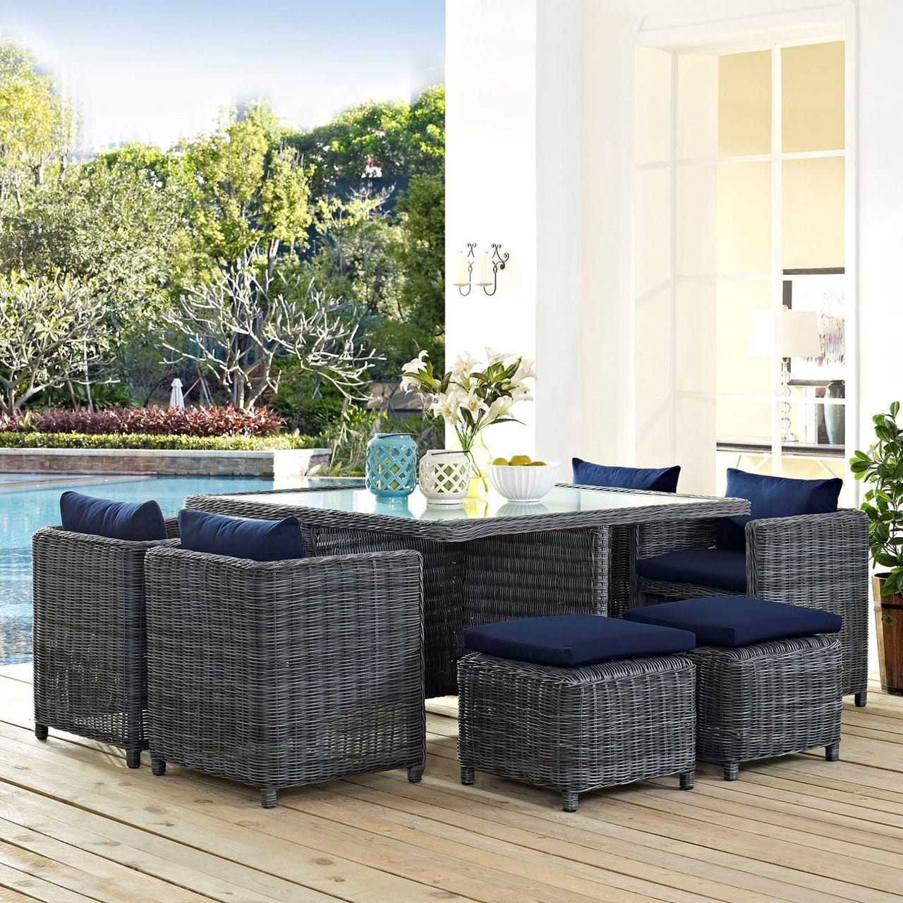 Summon Nine PCS Outdoor Patio Sunbrella Dining Set, Navy, Rattan 9939