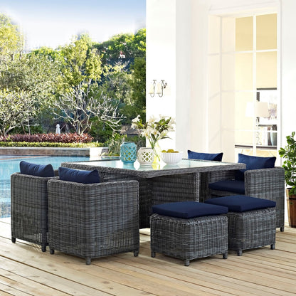 Summon Nine PCS Outdoor Patio Sunbrella Dining Set, Navy, Rattan 9939