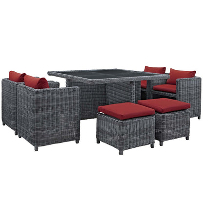 Summon 9 Piece Outdoor Patio Sunbrella® Dining Set, Sunbrella Rattan Wicker, Grey Red 13433