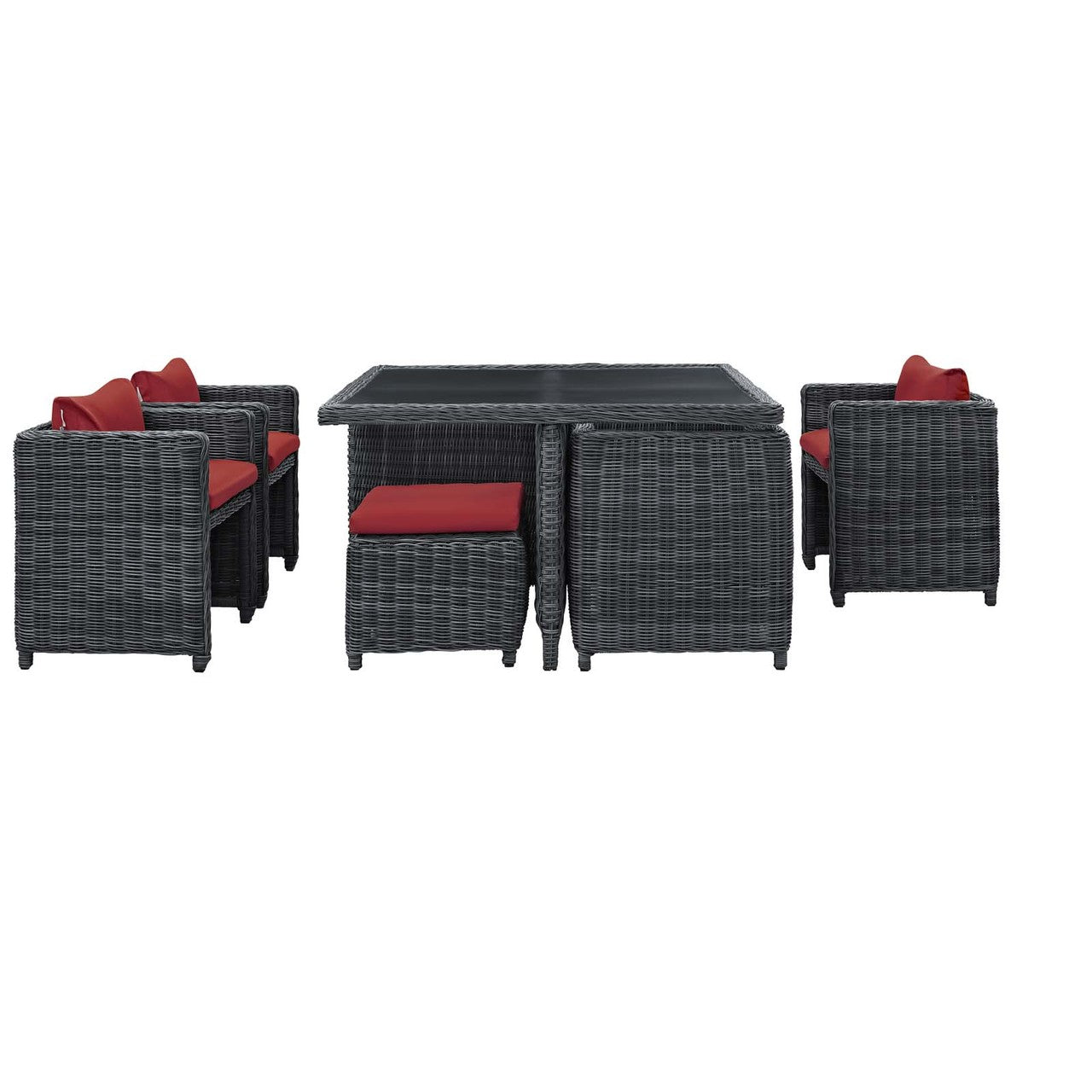 Summon 9 Piece Outdoor Patio Sunbrella® Dining Set, Sunbrella Rattan Wicker, Grey Red 13433