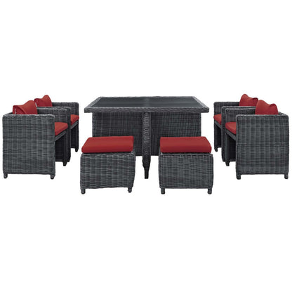 Summon 9 Piece Outdoor Patio Sunbrella® Dining Set, Sunbrella Rattan Wicker, Grey Red 13433
