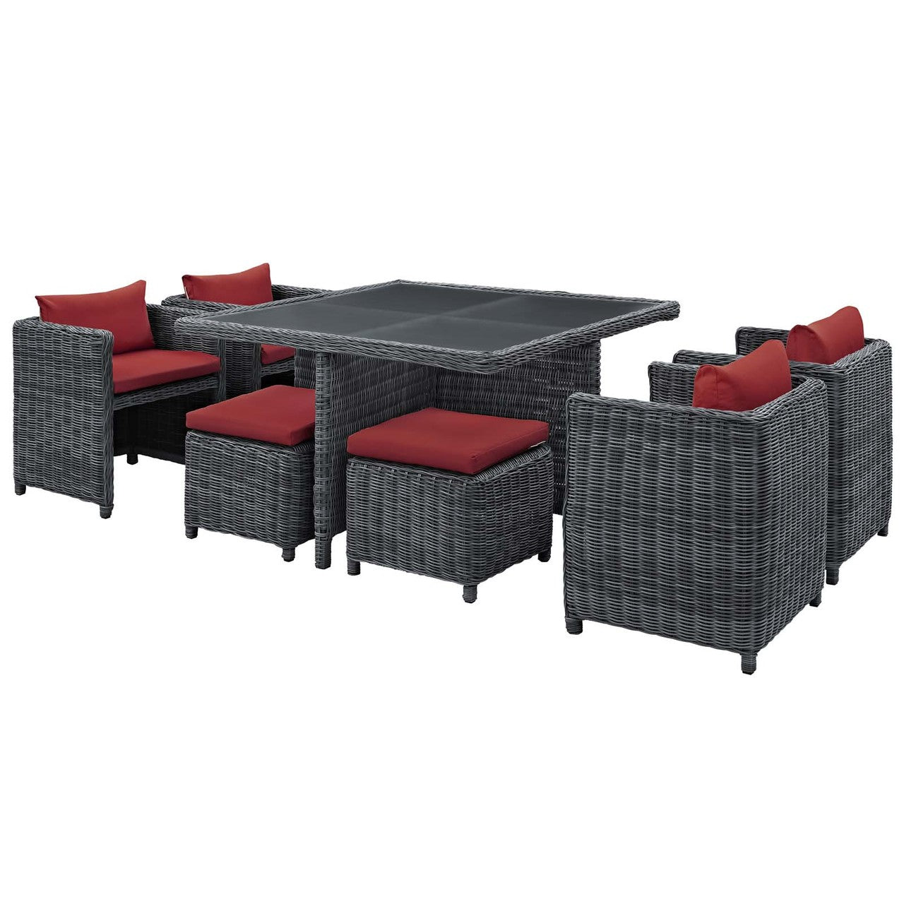 Summon 9 Piece Outdoor Patio Sunbrella® Dining Set, Sunbrella Rattan Wicker, Grey Red 13433