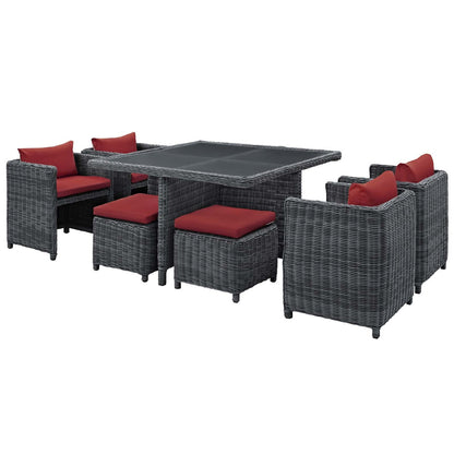 Summon 9 Piece Outdoor Patio Sunbrella® Dining Set, Sunbrella Rattan Wicker, Grey Red 13433