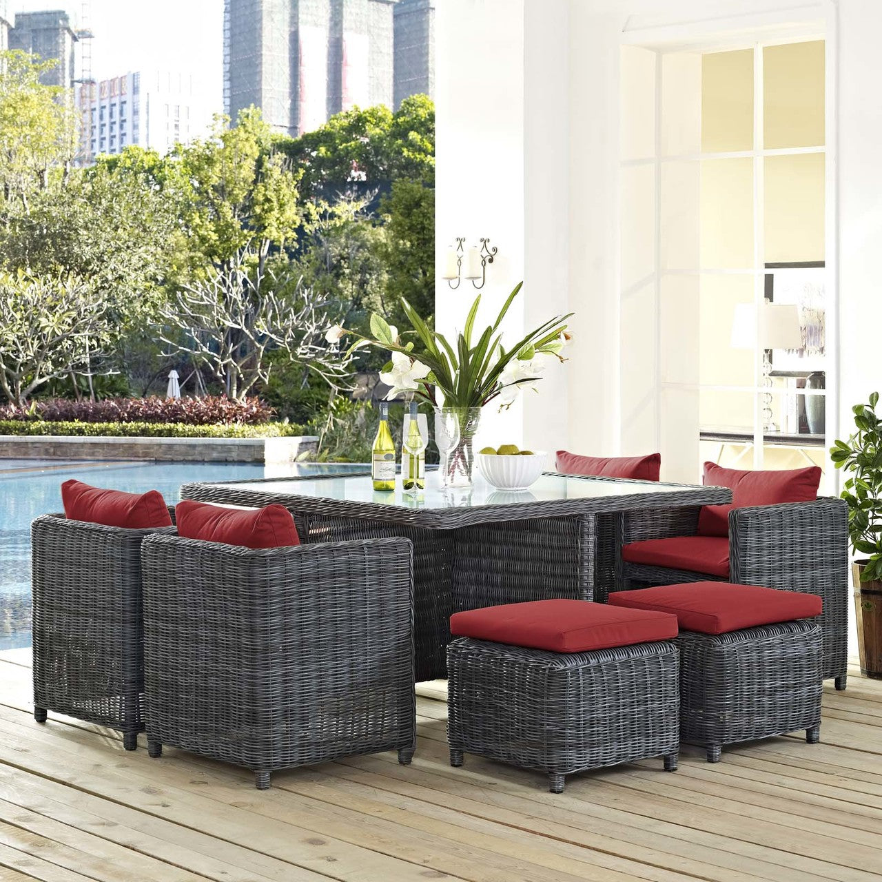 Summon 9 Piece Outdoor Patio Sunbrella® Dining Set, Sunbrella Rattan Wicker, Grey Red 13433
