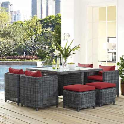 Summon 9 Piece Outdoor Patio Sunbrella® Dining Set, Sunbrella Rattan Wicker, Grey Red 13433