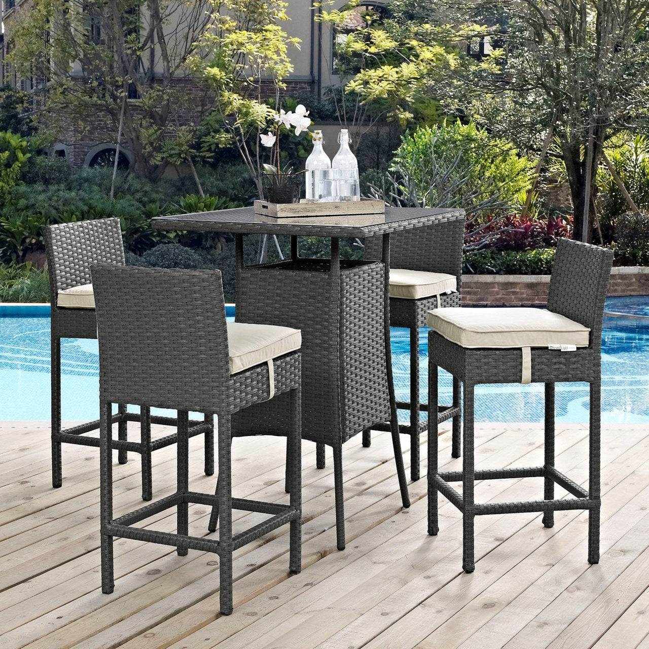 Sojourn Five PCS Outdoor Patio Sunbrella Pub Set, Beige, Rattan 9972