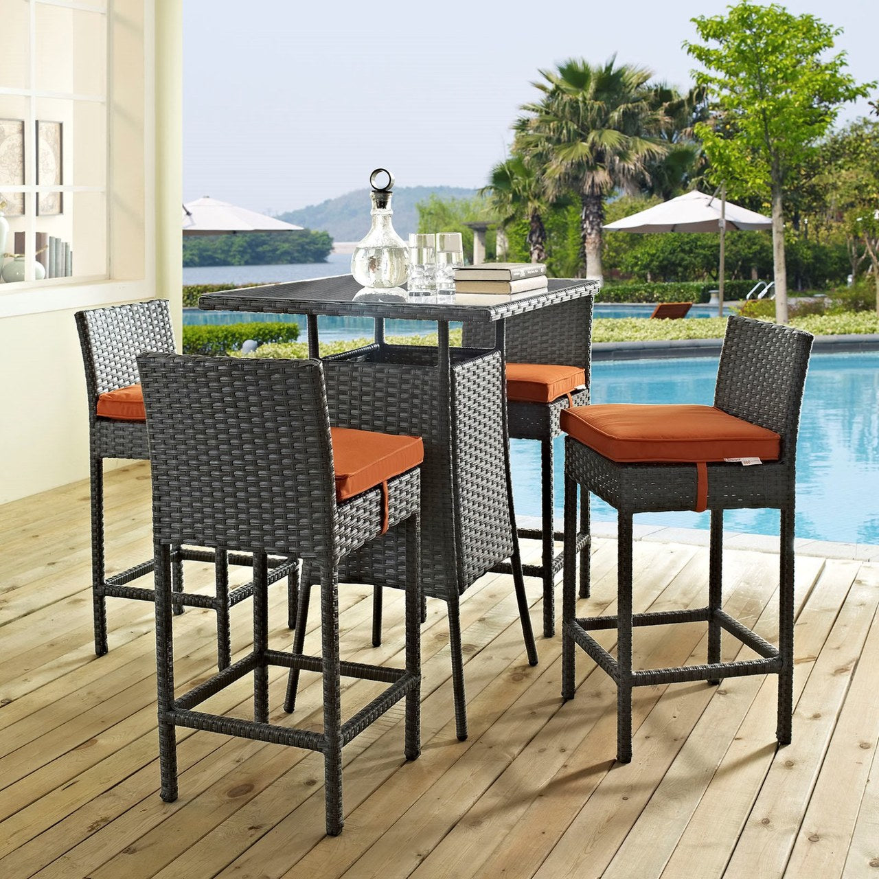 Sojourn Five PCS Outdoor Patio Sunbrella Pub Set, Orange, Rattan 9974