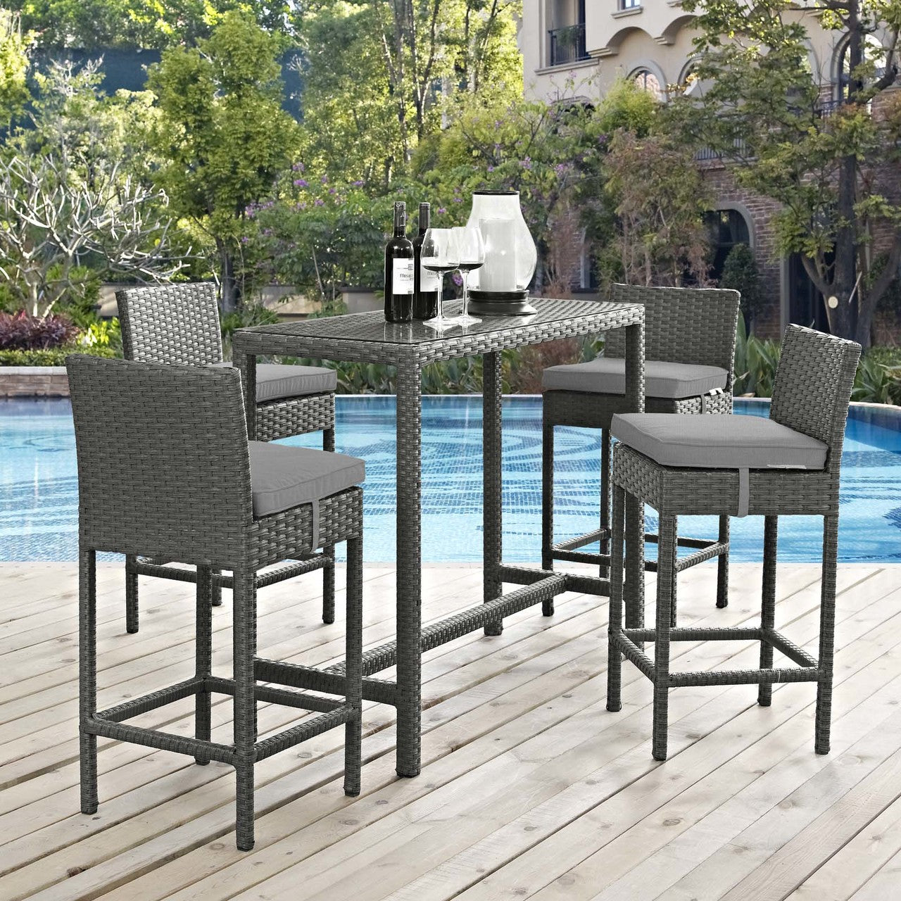 Sojourn 5 Piece Outdoor Patio Sunbrella® Pub Set, Sunbrella Rattan Wicker, Grey Gray 13438