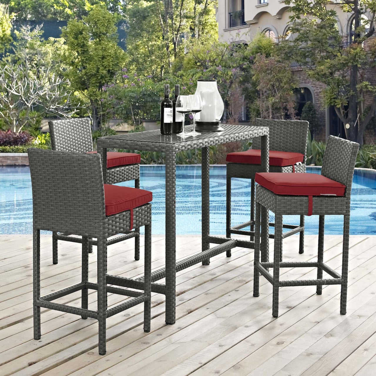 Sojourn 5 Piece Outdoor Patio Sunbrella® Pub Set, Sunbrella Rattan Wicker, Red 13439