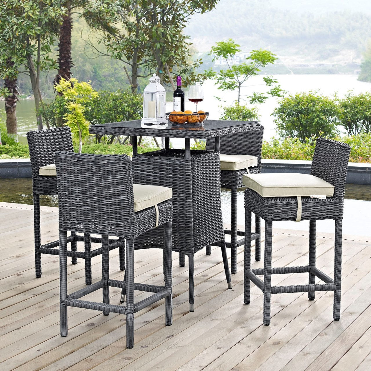 Summon Five PCS Outdoor Patio Sunbrella Pub Set, Beige, Rattan 9978
