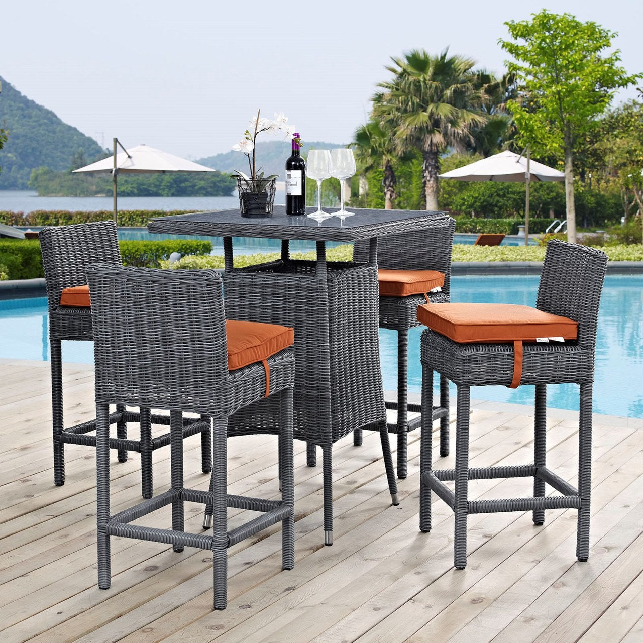 Summon Five PCS Outdoor Patio Sunbrella Pub Set, Orange, Rattan 9980