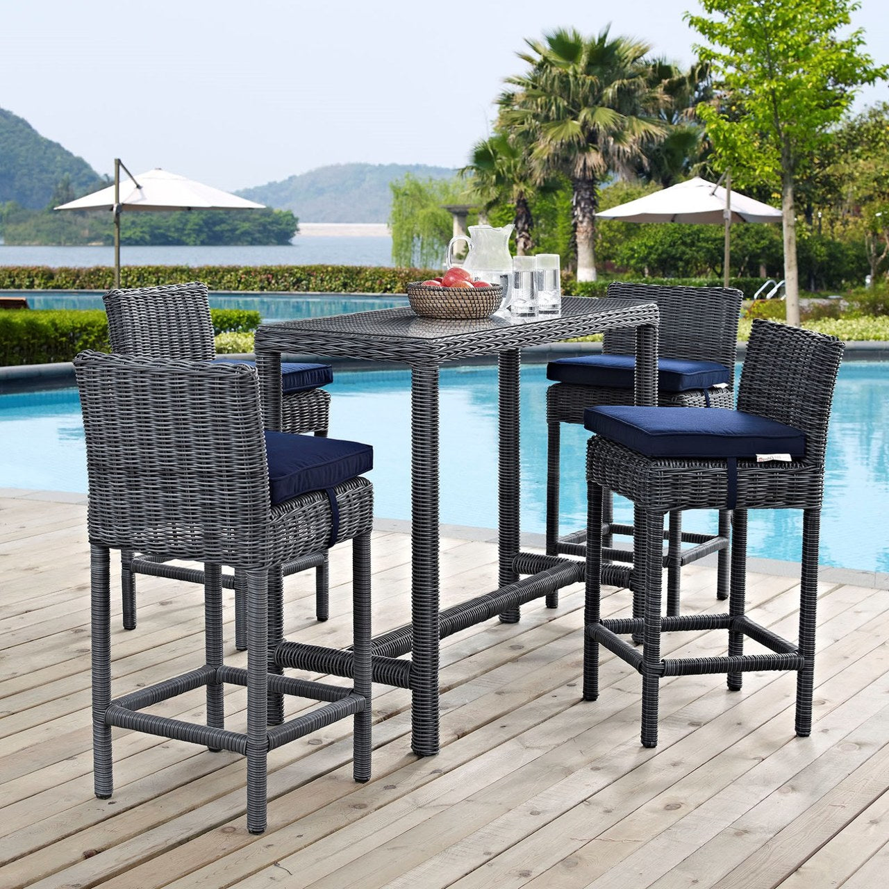Summon Five PCS Outdoor Patio Sunbrella Pub Set, Navy, Rattan 9982