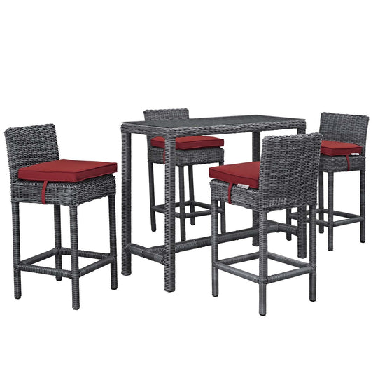 Summon 5 Piece Outdoor Patio Sunbrella® Pub Set, Sunbrella Rattan Wicker, Red 13443