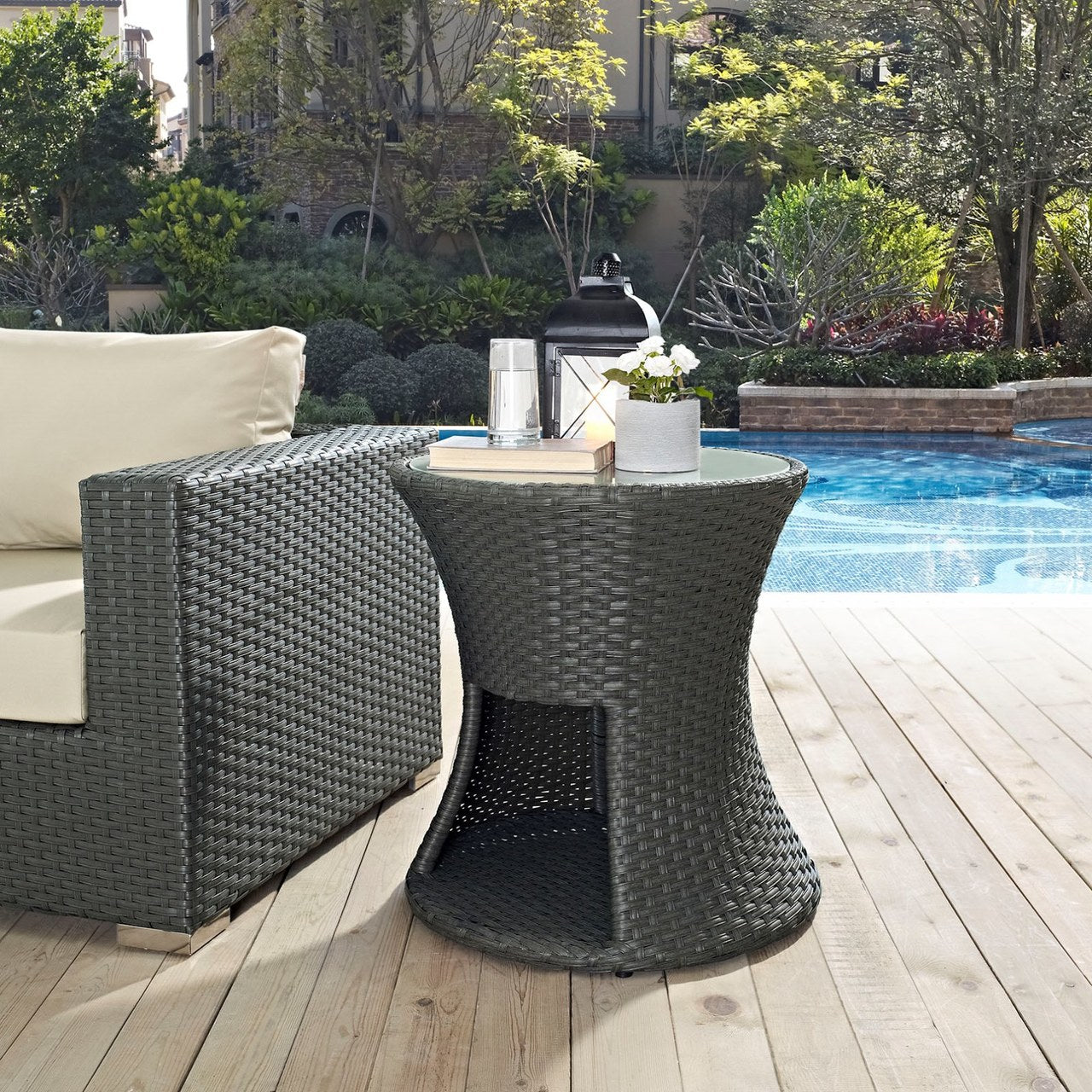 Sojourn Outdoor Patio Side Table, Brown, Rattan 9986