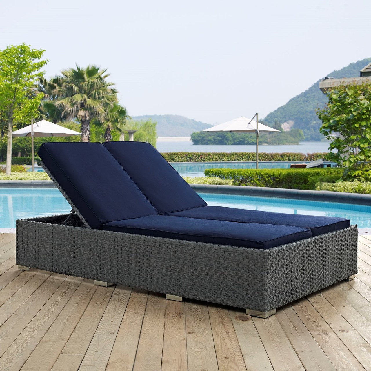 Sojourn Outdoor Patio Sunbrella Double Chaise, Navy, Rattan 9991