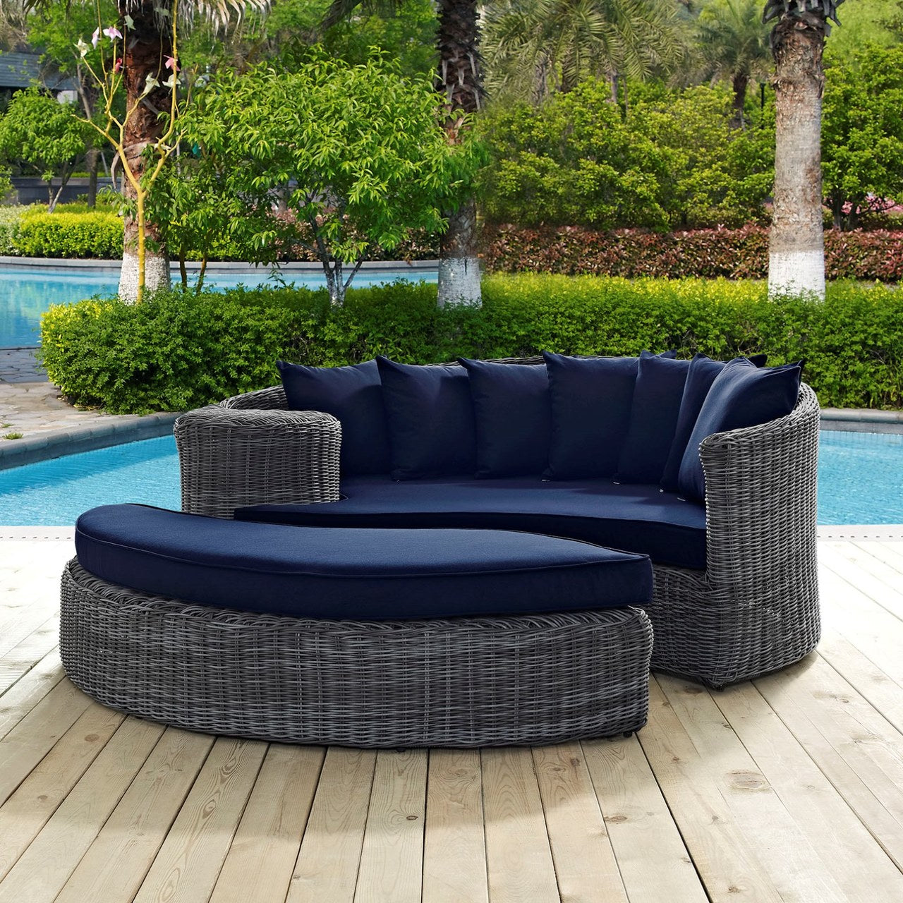 Summon Outdoor Patio Sunbrella Daybed, Navy, Rattan 10005