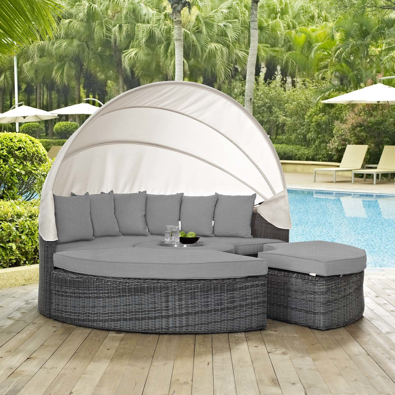 Summon Canopy Outdoor Patio Sunbrella® Daybed, Sunbrella Rattan Wicker, Grey Gray 13458
