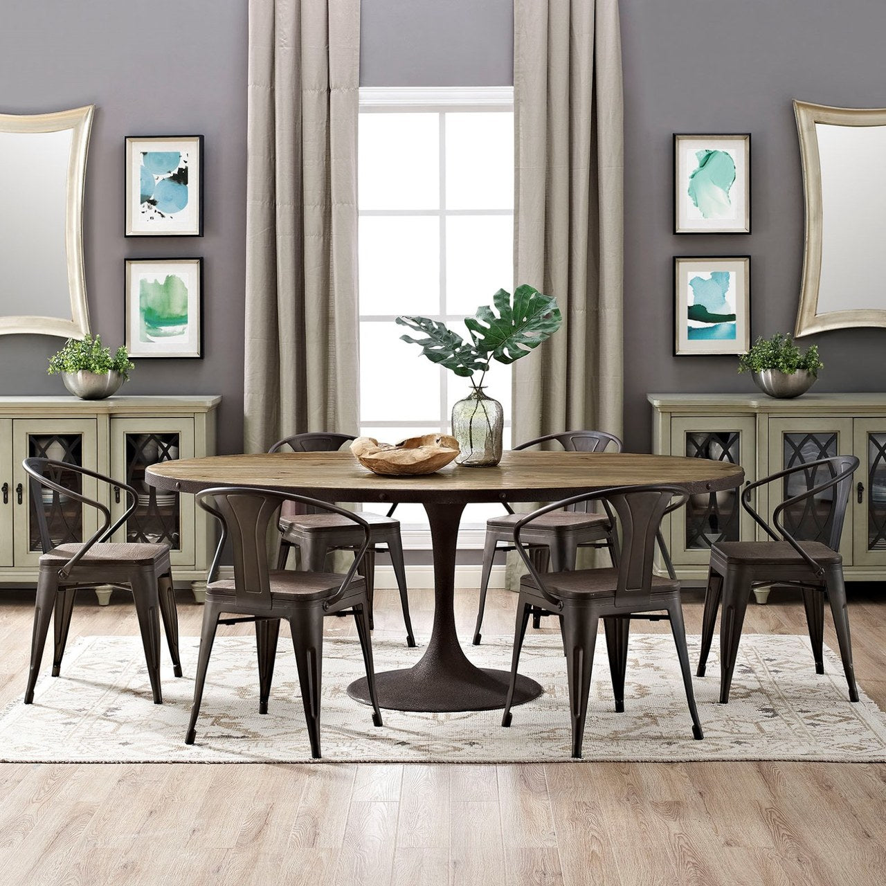 Drive 78" Oval Wood Top Dining Table, Brown, Metal 10035