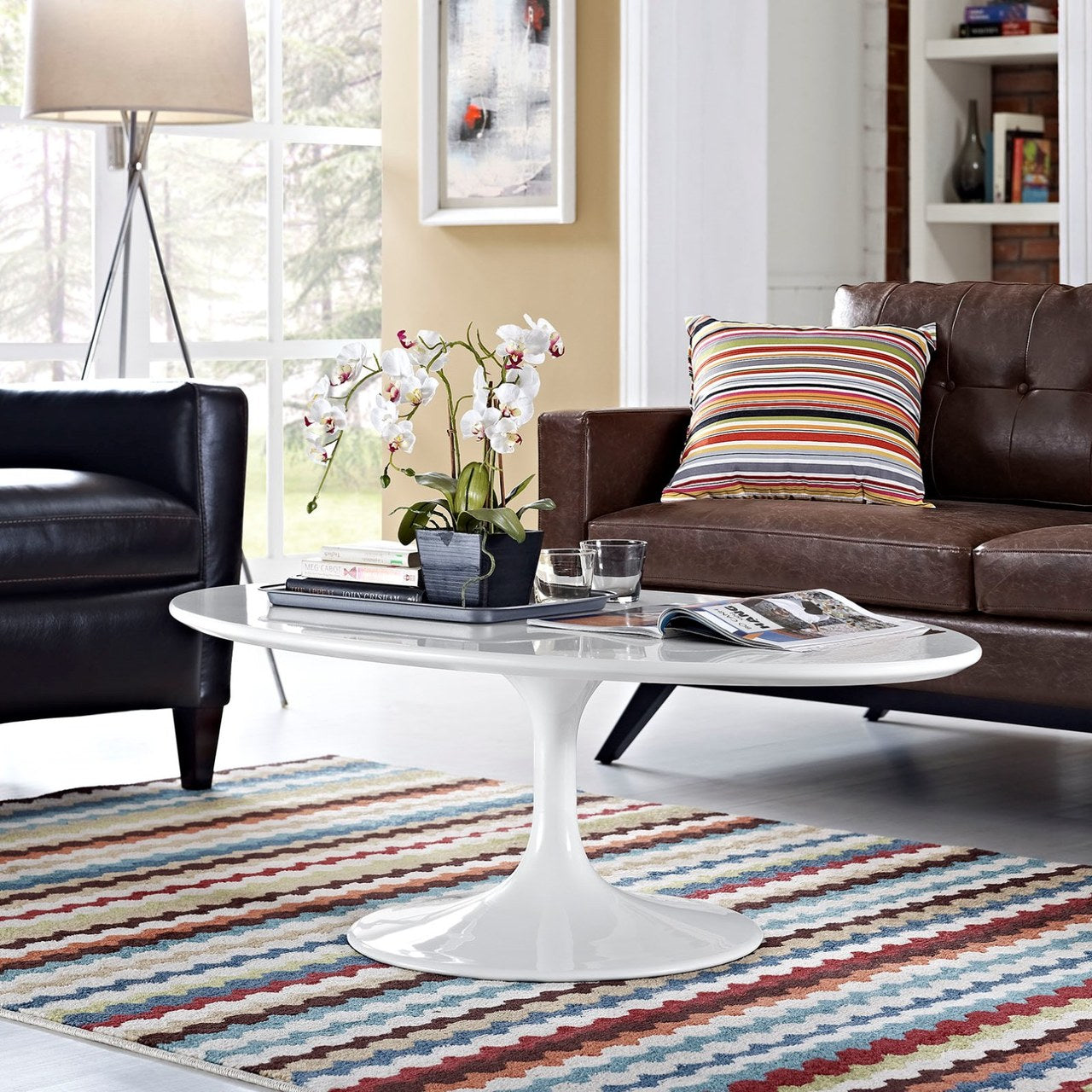 Lippa 48" Oval-Shaped Wood Top Coffee Table, White, Metal 10043