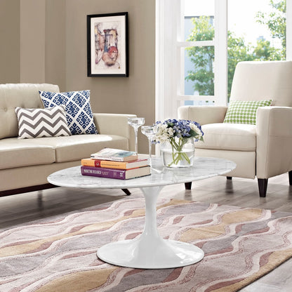 Lippa 48" Oval-Shaped Artificial Marble Coffee Table, White, Metal 10047