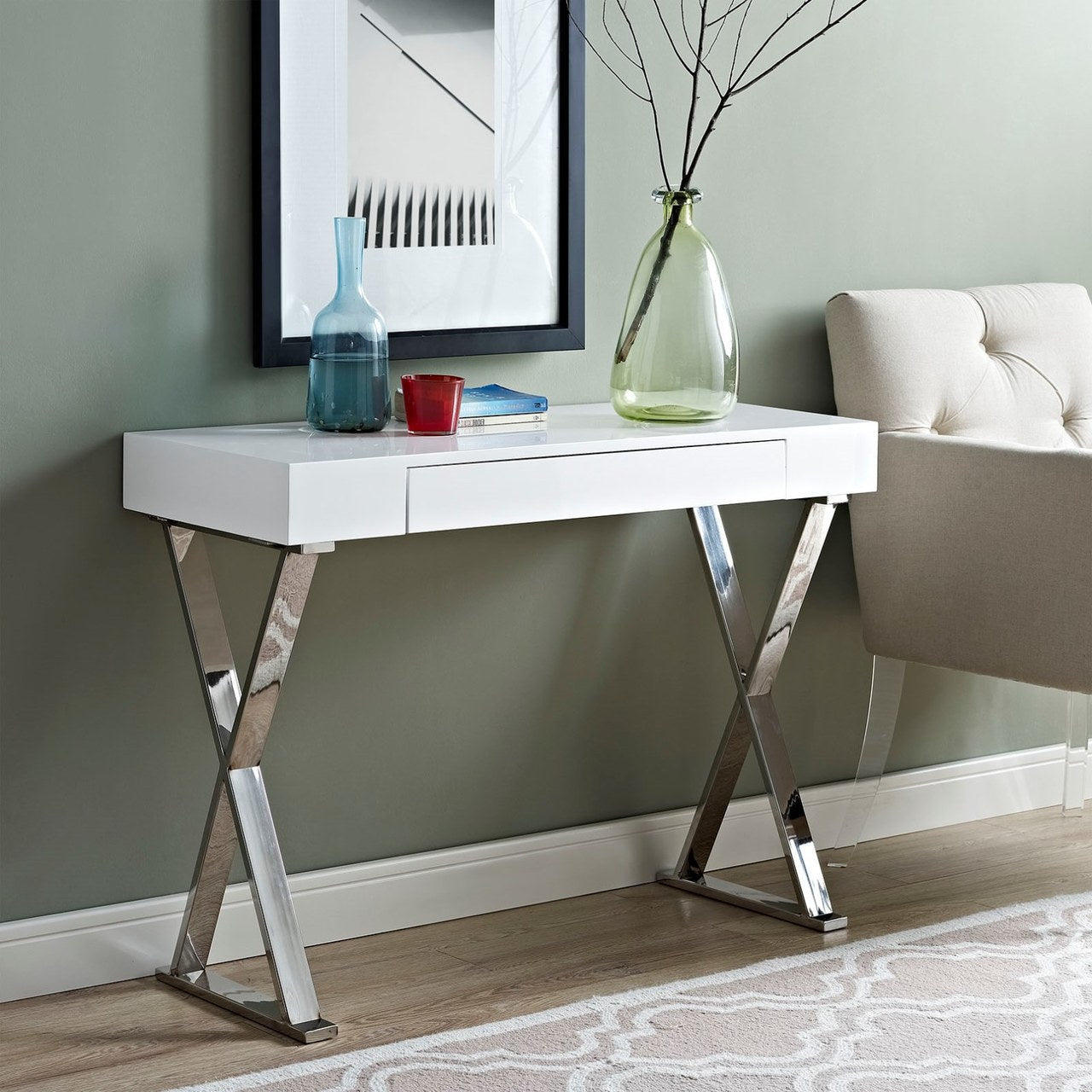 Sector Console Table, White, Wood 10104