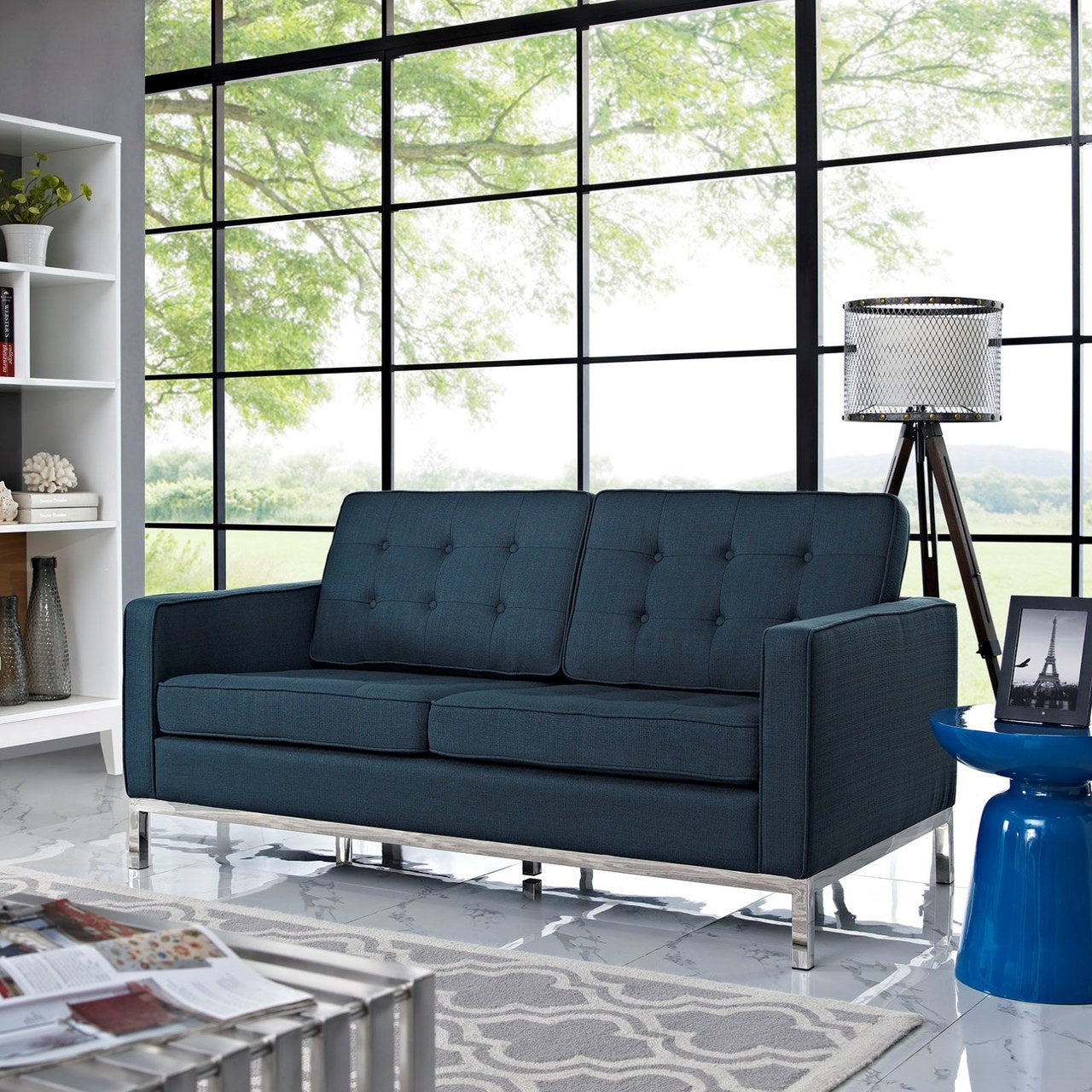 Loft Upholstered Fabric Loveseat, Navy, Fabric 10113