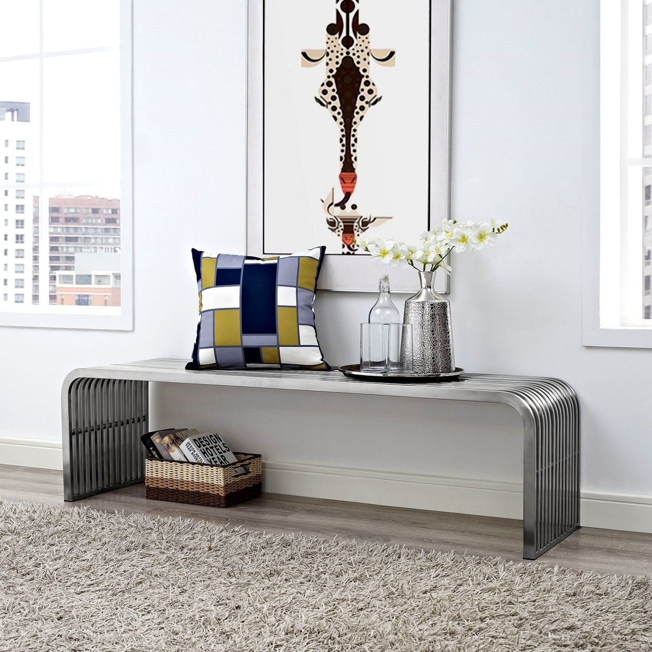 Pipe 60" Stainless Steel Bench, Silver, Metal 10174