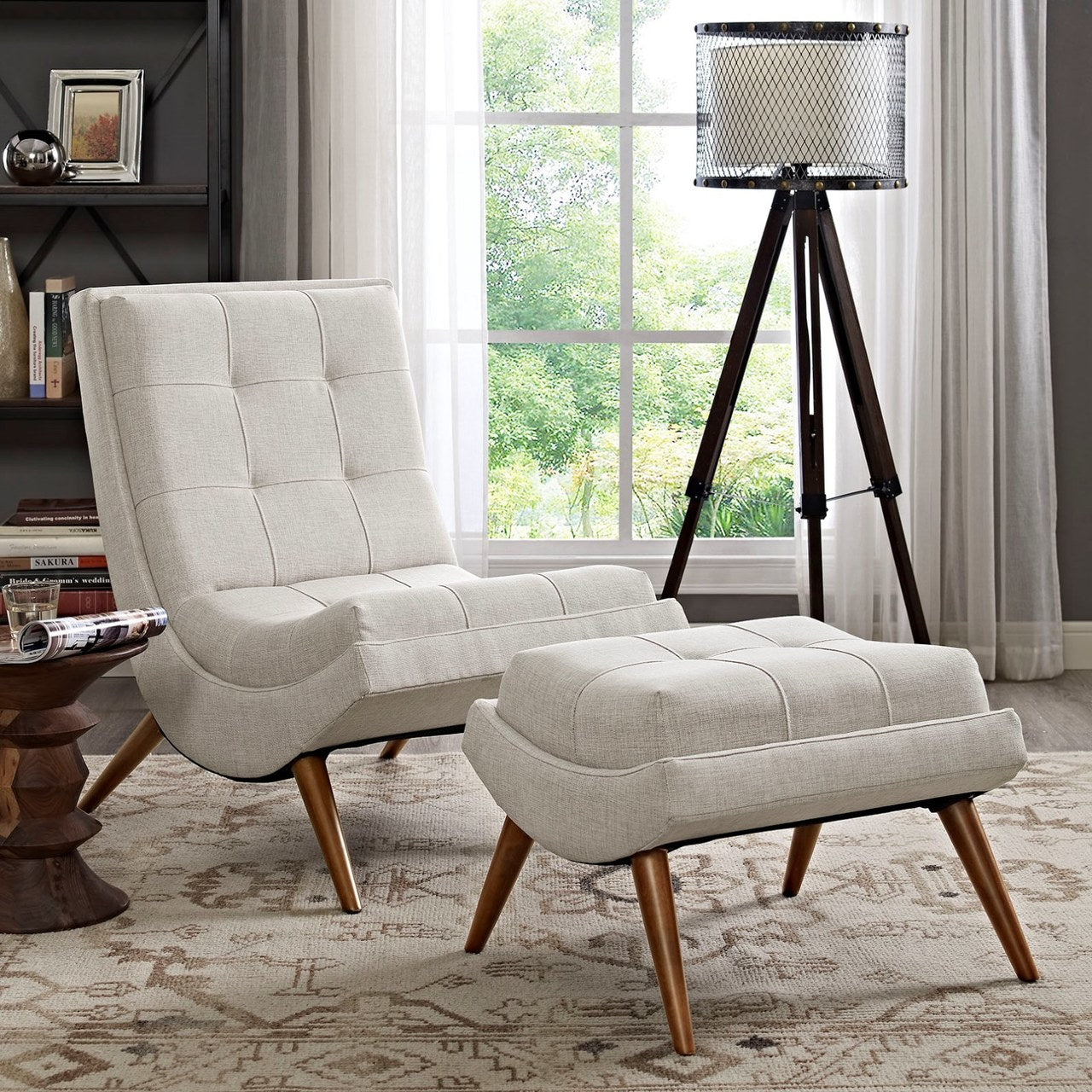 Ramp Upholstered Fabric Lounge Chair Set, Beige, Fabric 10312