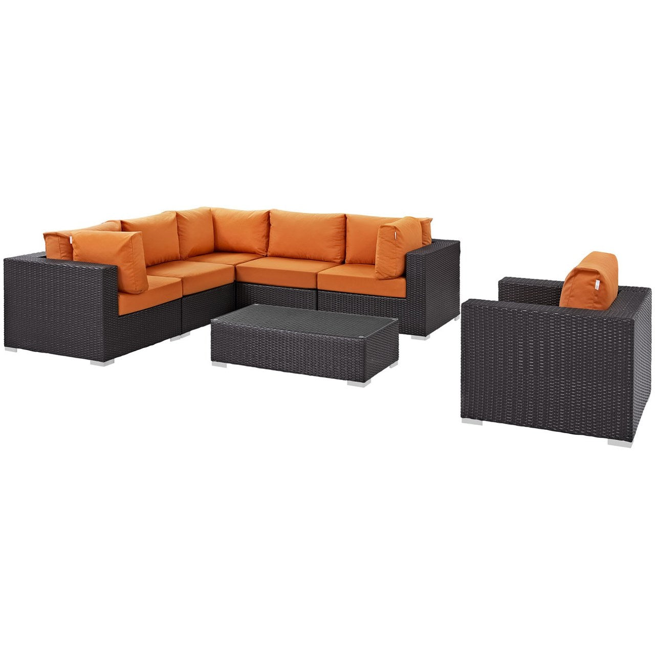 Convene Seven PCS Outdoor Patio Sectional Set, Orange, Rattan 10367
