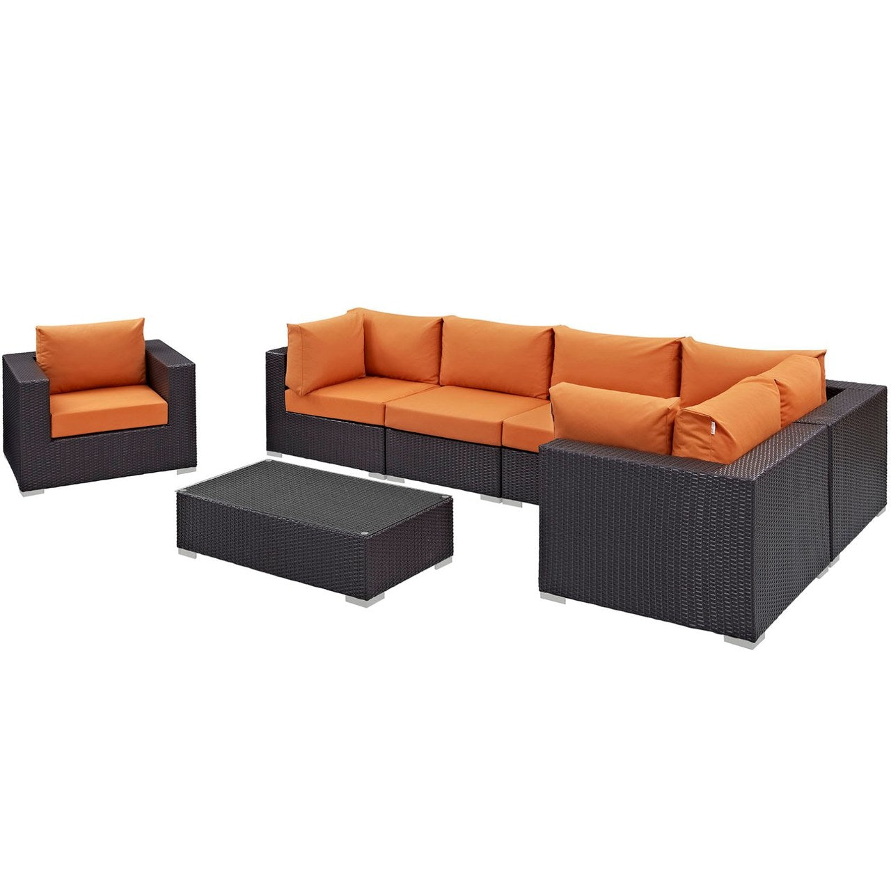 Convene Seven PCS Outdoor Patio Sectional Set, Orange, Rattan 10367