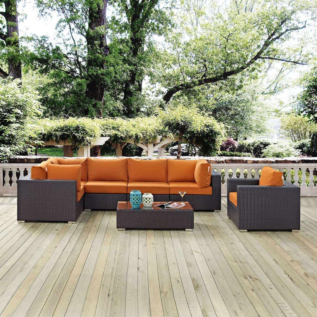 Convene Seven PCS Outdoor Patio Sectional Set, Orange, Rattan 10367