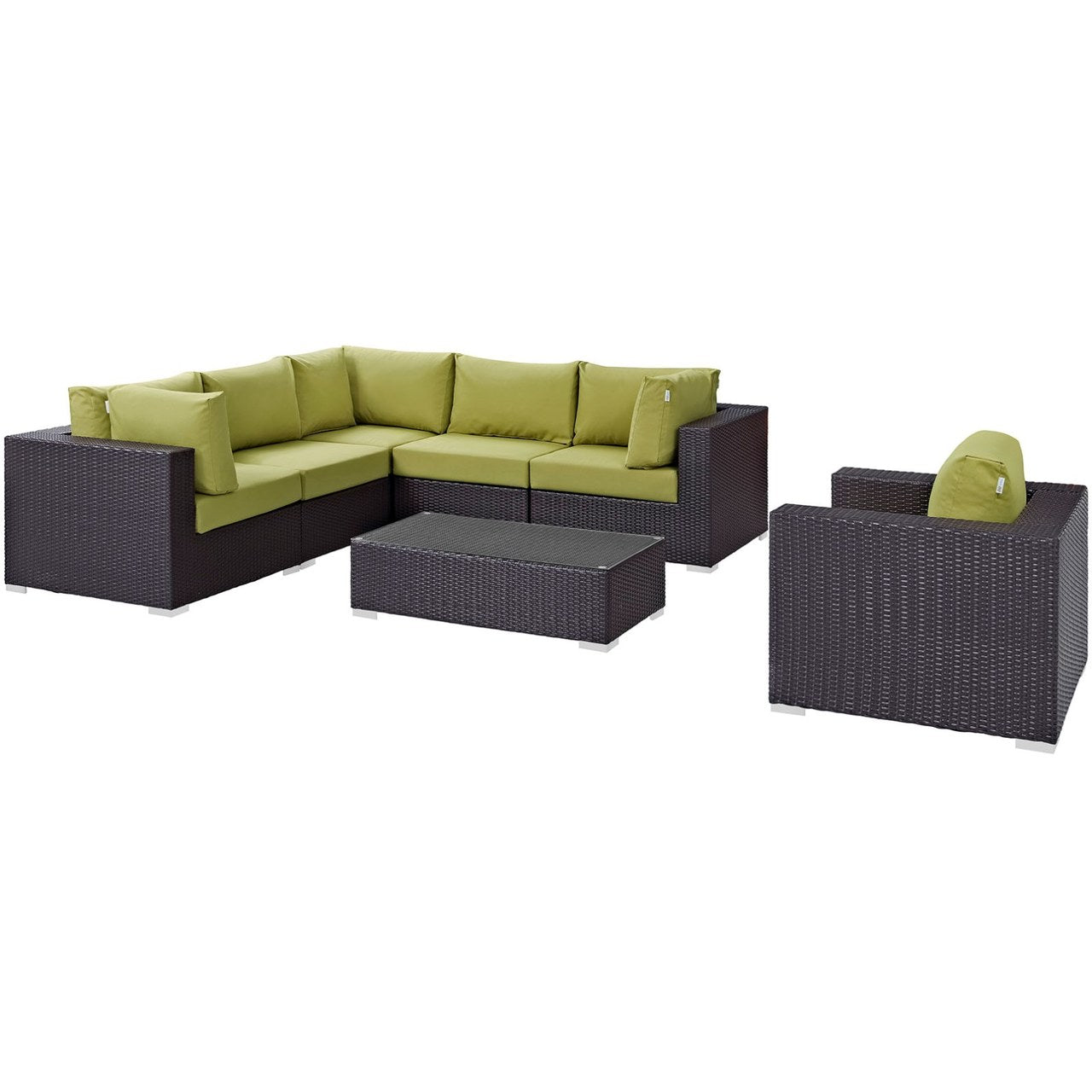 Convene Seven PCS Outdoor Patio Sectional Set, Green, Rattan 10368