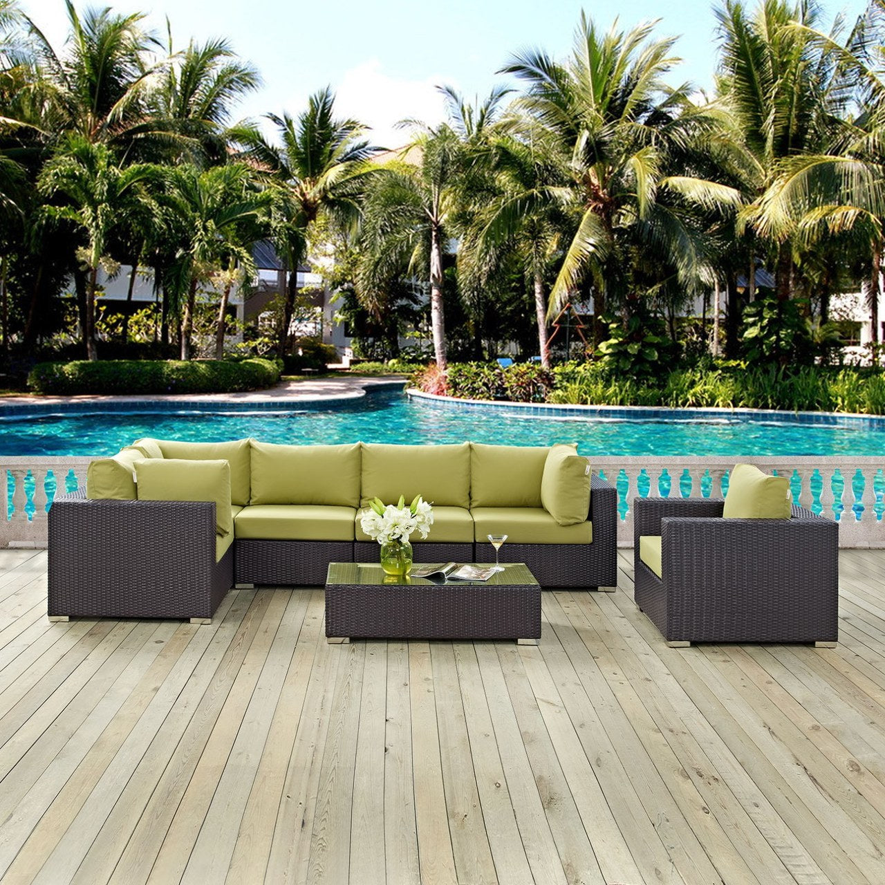 Convene Seven PCS Outdoor Patio Sectional Set, Green, Rattan 10368