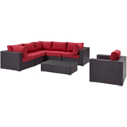 Convene Seven PCS Outdoor Patio Sectional Set, Red, Rattan 10369