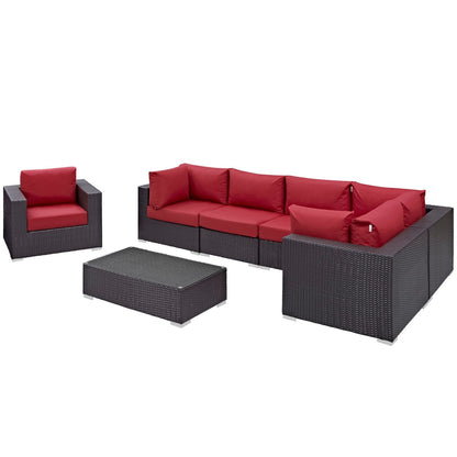 Convene Seven PCS Outdoor Patio Sectional Set, Red, Rattan 10369