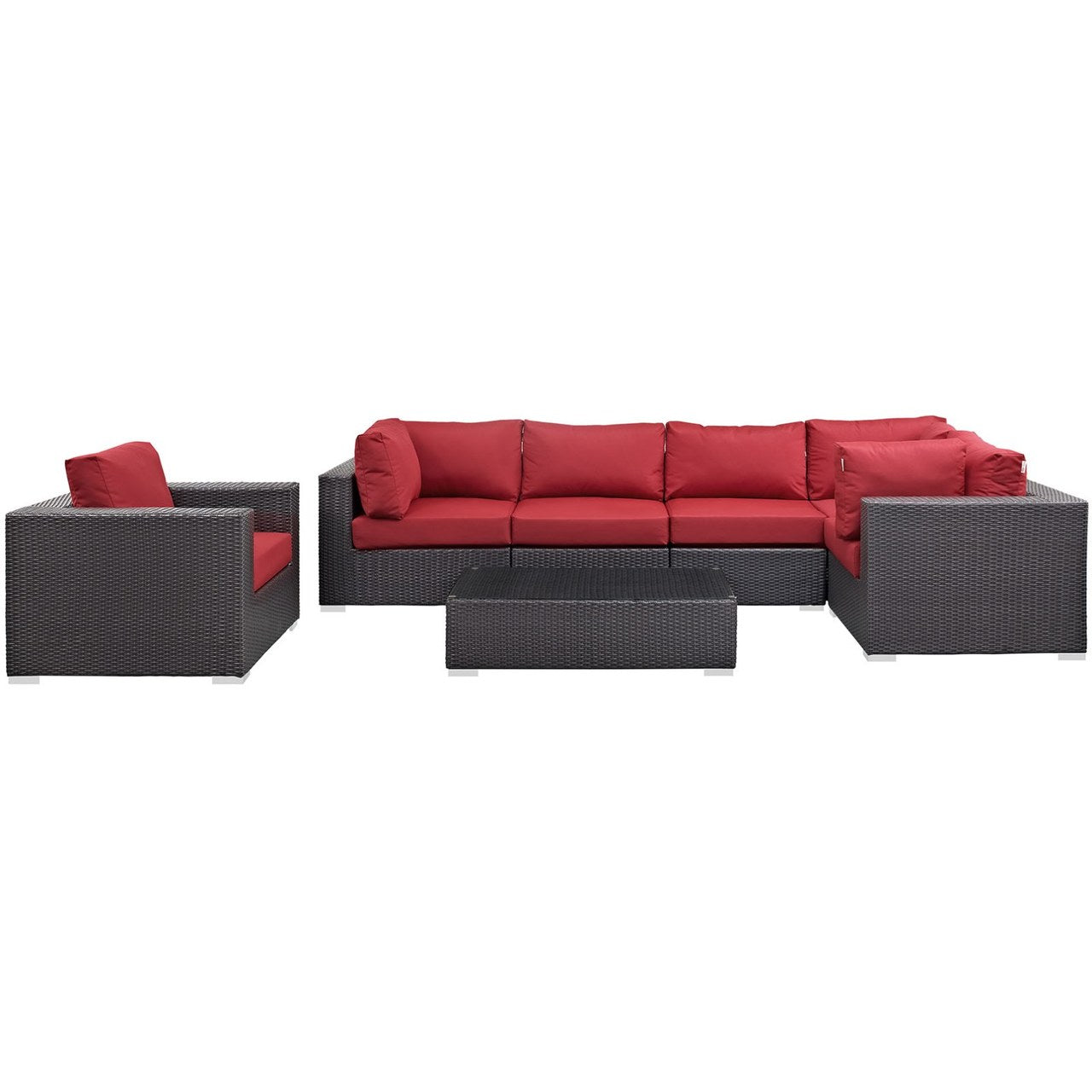 Convene Seven PCS Outdoor Patio Sectional Set, Red, Rattan 10369