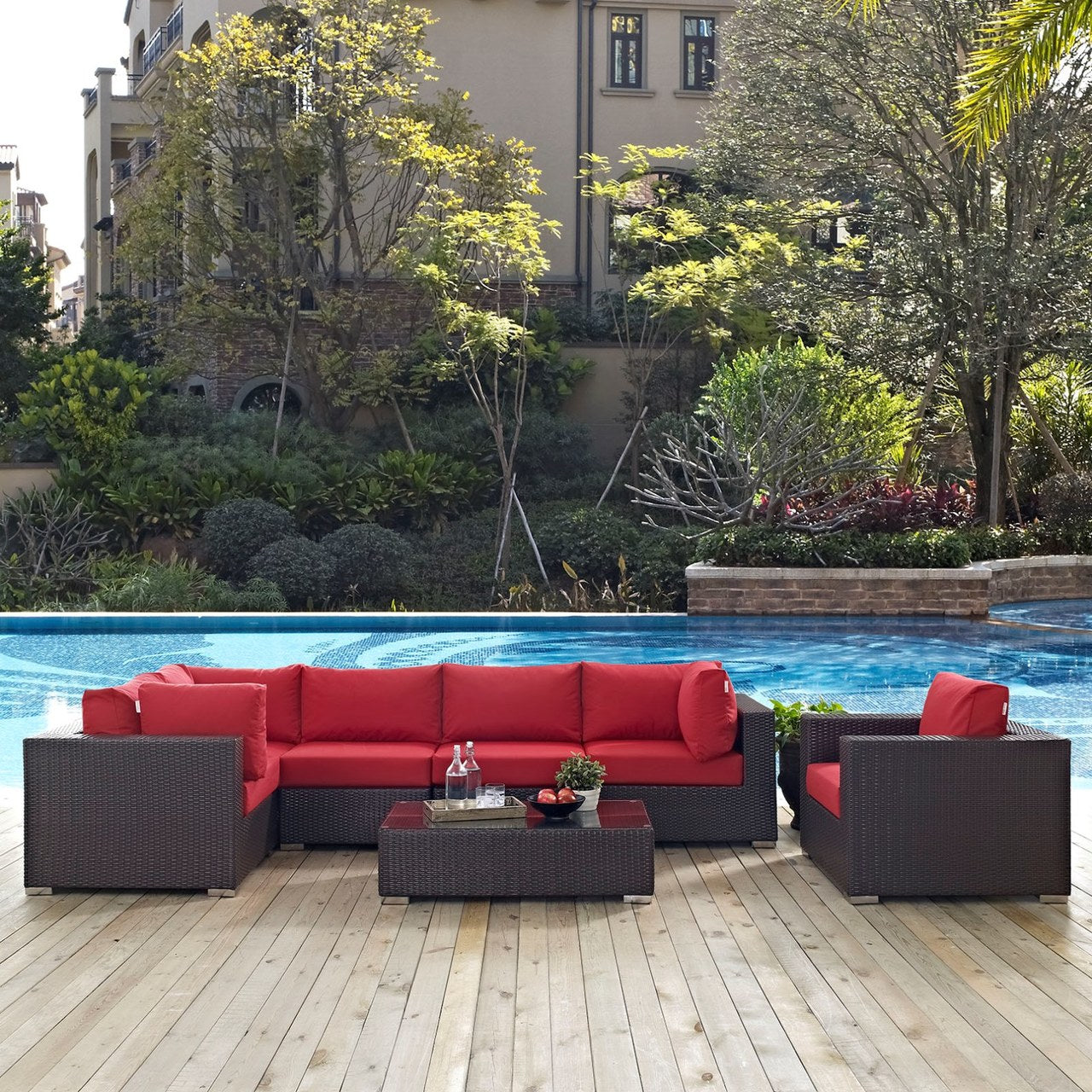 Convene Seven PCS Outdoor Patio Sectional Set, Red, Rattan 10369