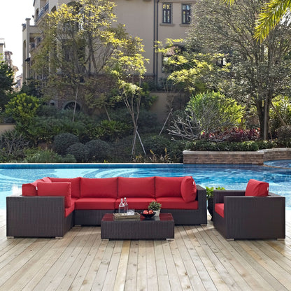 Convene Seven PCS Outdoor Patio Sectional Set, Red, Rattan 10369